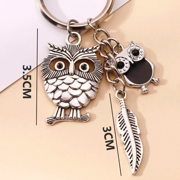 Cute Owl and Feather Charm Keychain Coulpe Rhinestone Silver Plated Gift - Picture 4 of 7